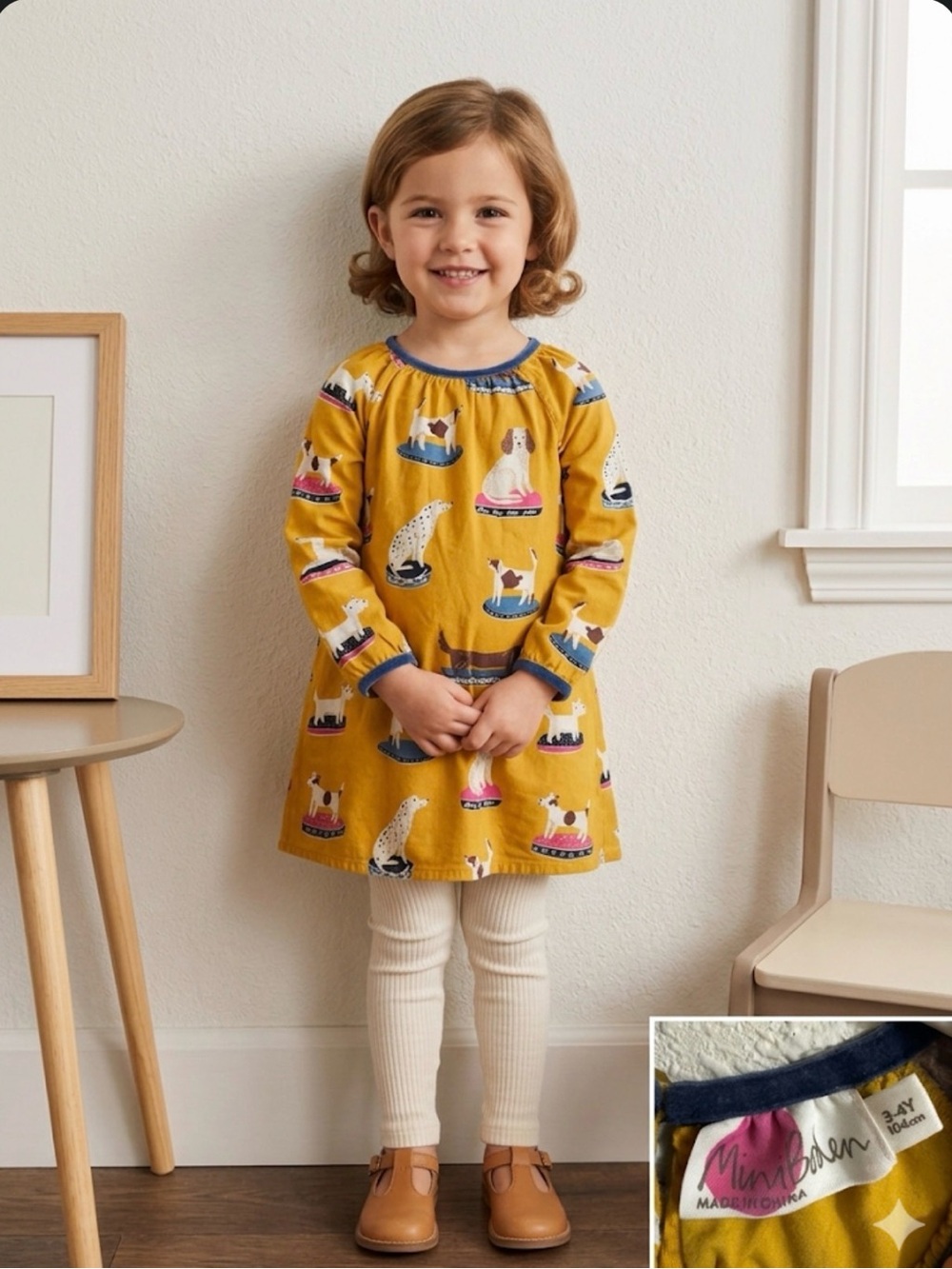 Mini Boden Yellow Dog-Print Long-Sleeve Girls Dress